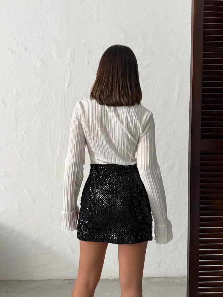 Astra Işıltılı Yırtmaçlı Mini Etek Siyah