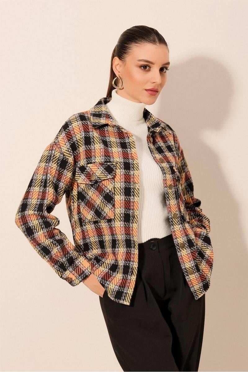 Audrey Yüksek Kalite Ekose Desen Çift Cepli Kadın Gömlek Kiremit