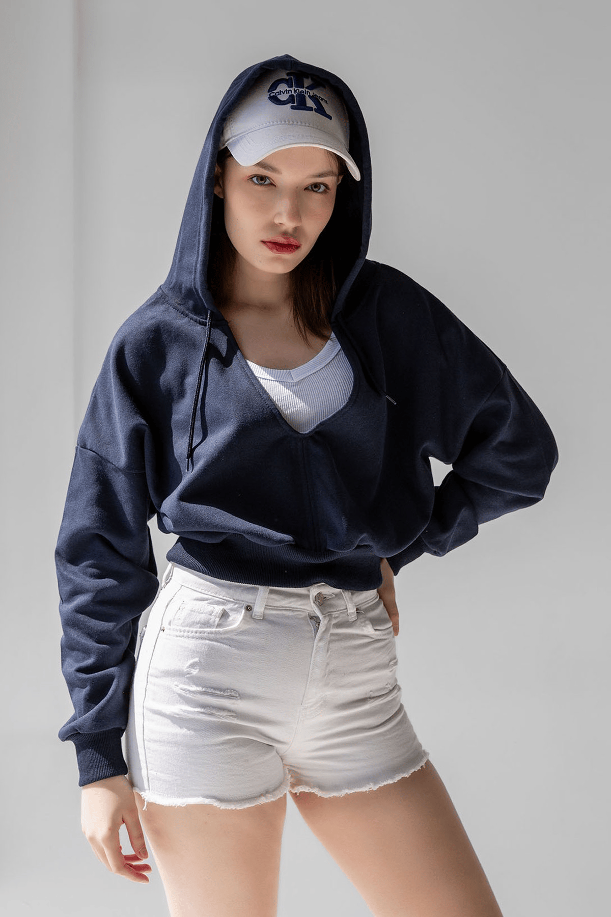 BJ Raze Yüksek Kalite Kadın Kapüşonlu V Yaka Crop Kalın İçi Polarlı Örme Sweatshirt Lacivert