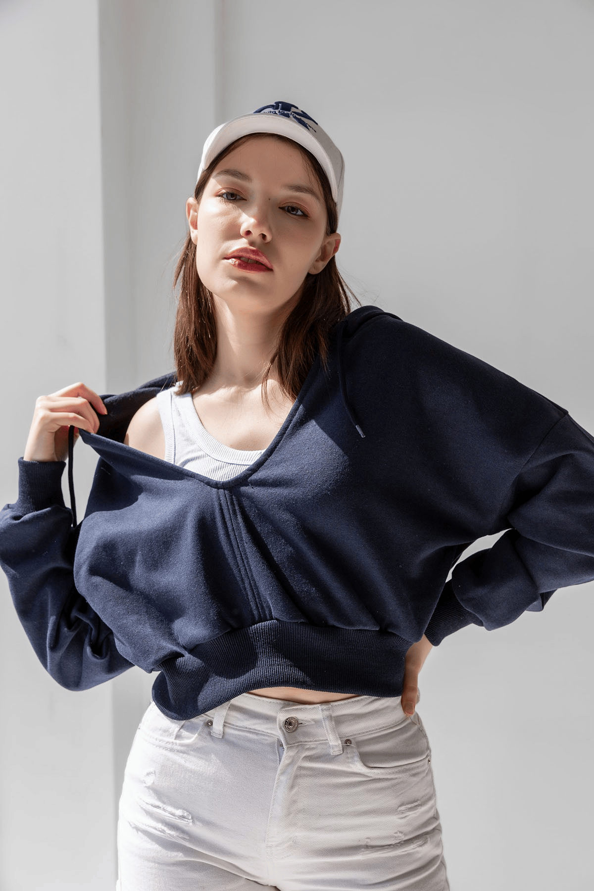 BJ Raze Yüksek Kalite Kadın Kapüşonlu V Yaka Crop Kalın İçi Polarlı Örme Sweatshirt Lacivert