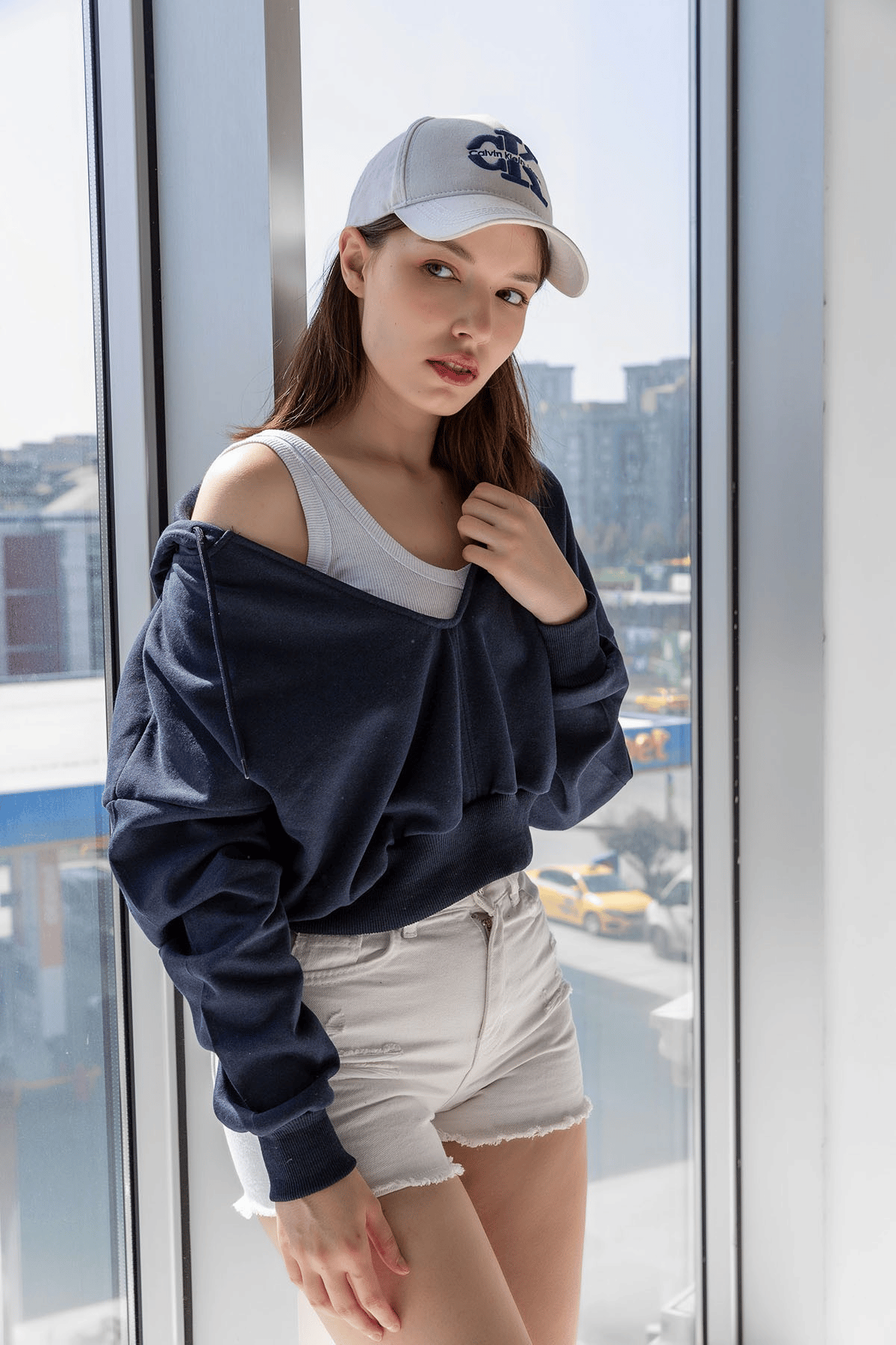 BJ Raze Yüksek Kalite Kadın Kapüşonlu V Yaka Crop Kalın İçi Polarlı Örme Sweatshirt Lacivert
