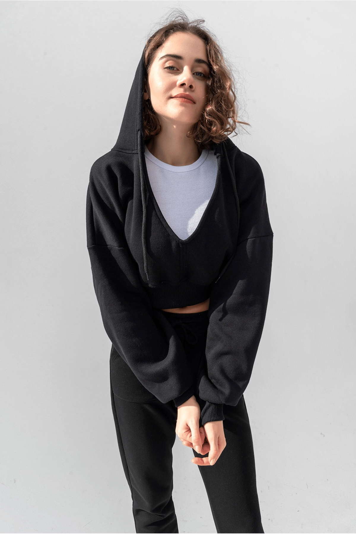 BJ Raze Yüksek Kalite Kadın Kapüşonlu V Yaka Crop Kalın İçi Polarlı Örme Sweatshirt Siyah