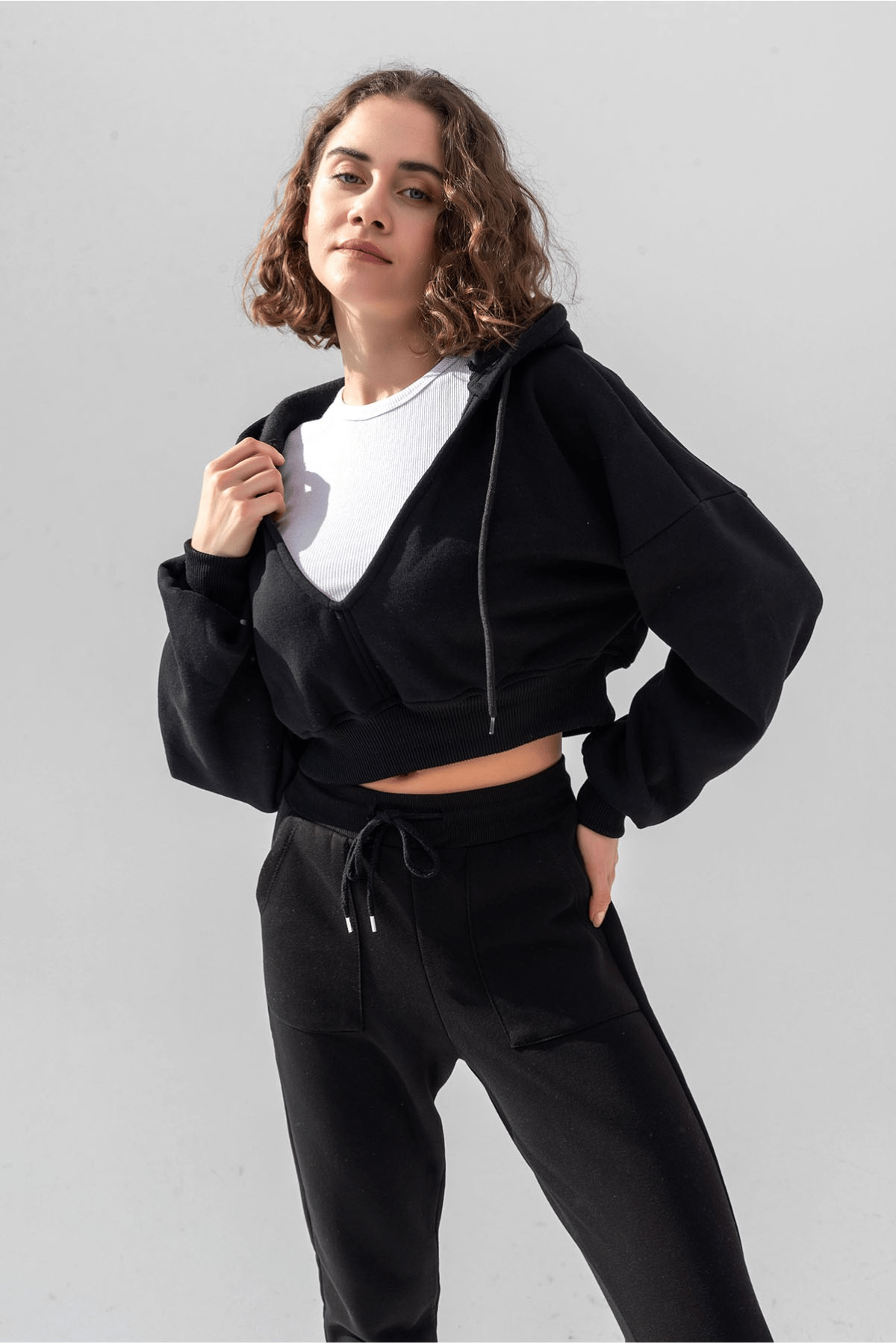 BJ Raze Yüksek Kalite Kadın Kapüşonlu V Yaka Crop Kalın İçi Polarlı Örme Sweatshirt Siyah