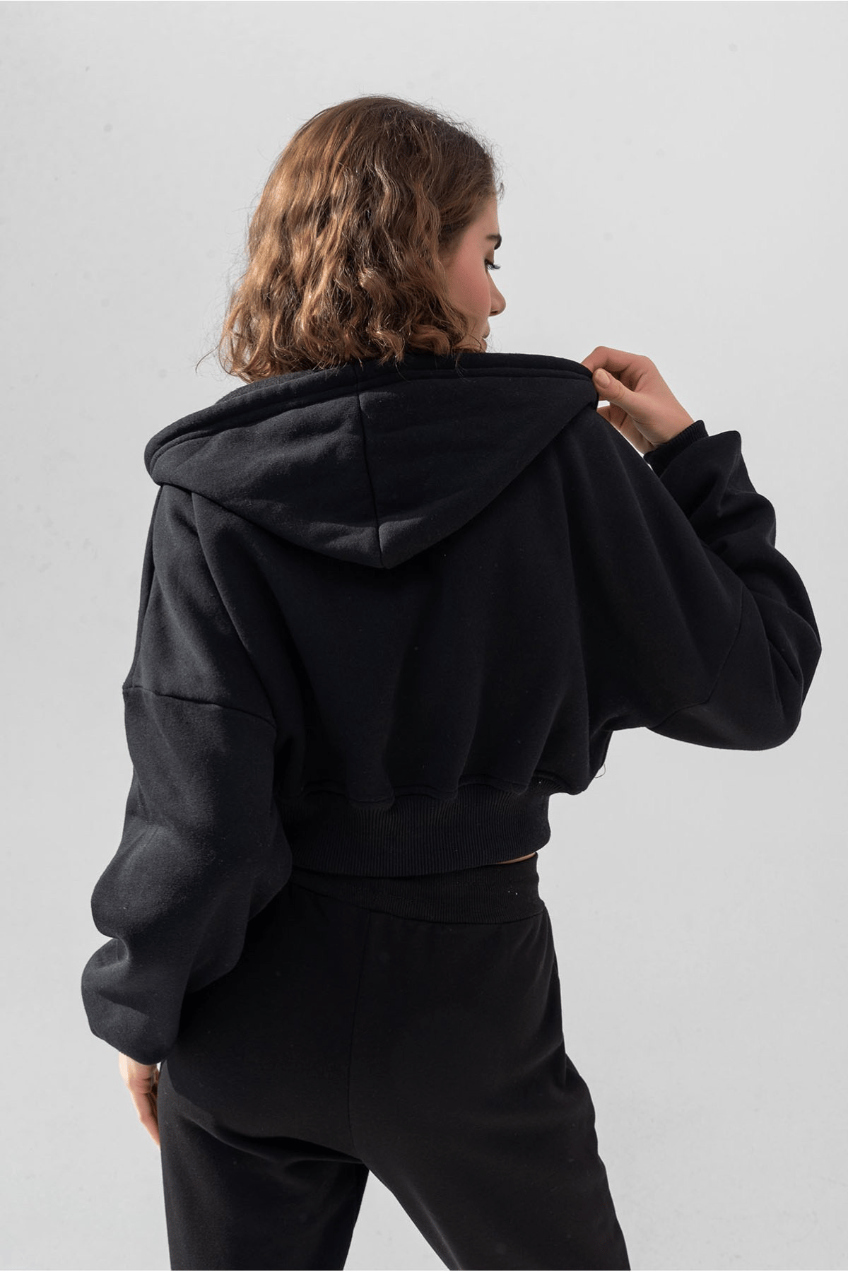 BJ Raze Yüksek Kalite Kadın Kapüşonlu V Yaka Crop Kalın İçi Polarlı Örme Sweatshirt Siyah