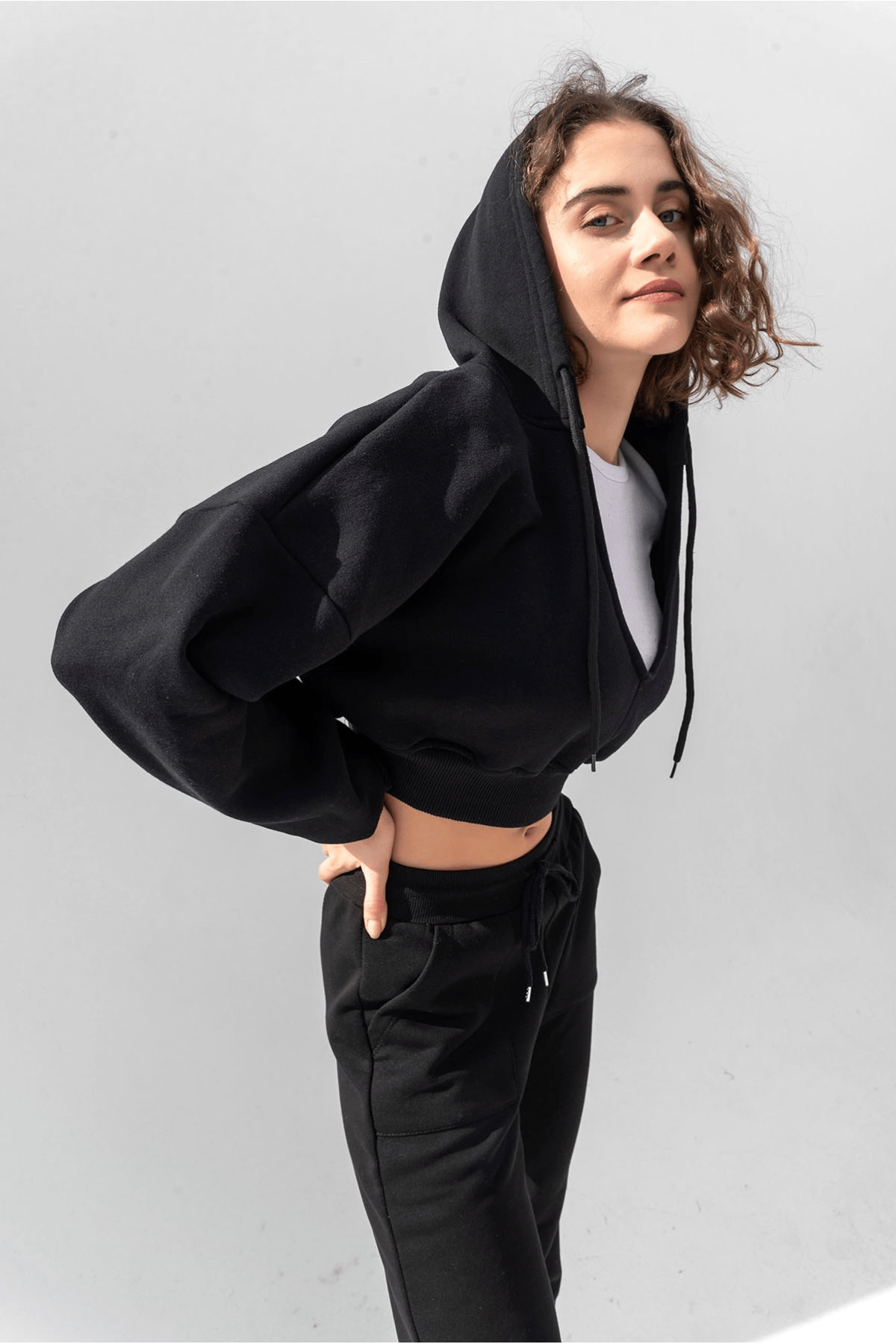 BJ Raze Yüksek Kalite Kadın Kapüşonlu V Yaka Crop Kalın İçi Polarlı Örme Sweatshirt Siyah