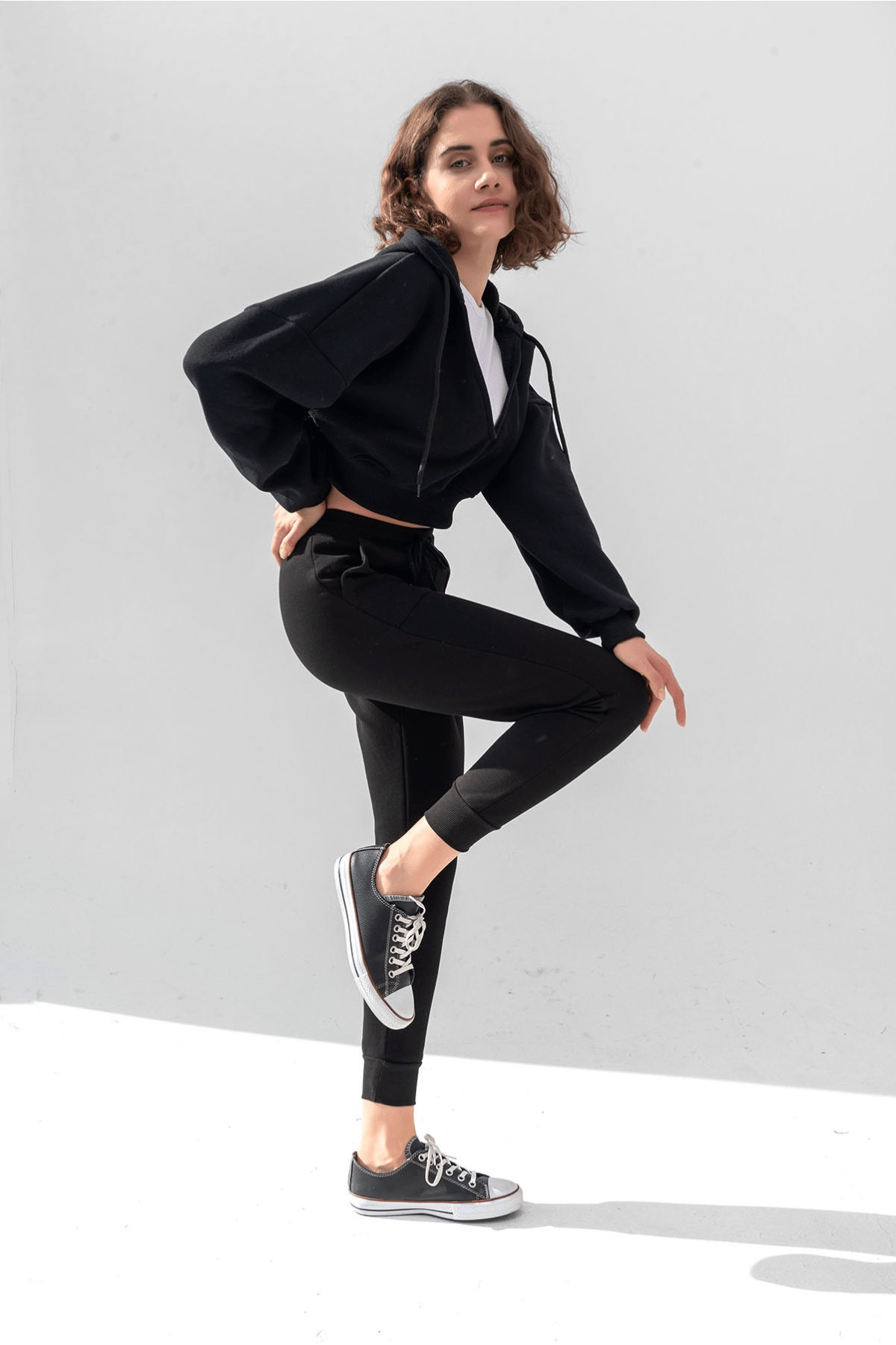 BJ Raze Yüksek Kalite Kadın Kapüşonlu V Yaka Crop Kalın İçi Polarlı Örme Sweatshirt Siyah
