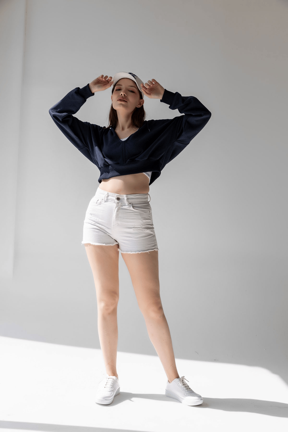 BJ Raze Yüksek Kalite Kadın Kapüşonlu V Yaka Crop Kalın İçi Polarlı Örme Sweatshirt Lacivert