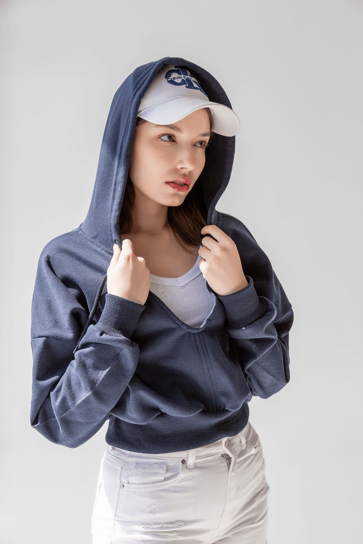 BJ Raze Yüksek Kalite Kadın Kapüşonlu V Yaka Crop Kalın İçi Polarlı Örme Sweatshirt Lacivert