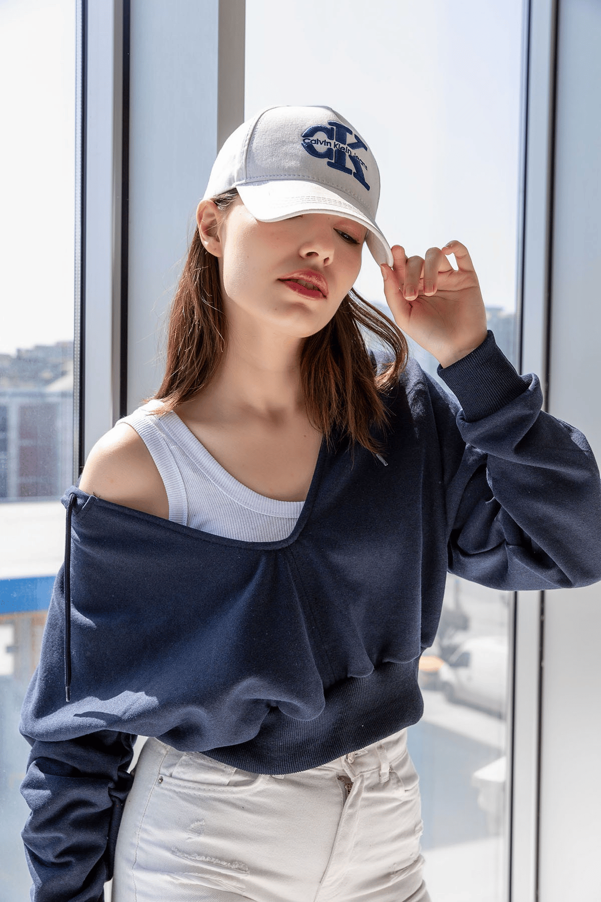 BJ Raze Yüksek Kalite Kadın Kapüşonlu V Yaka Crop Kalın İçi Polarlı Örme Sweatshirt Lacivert