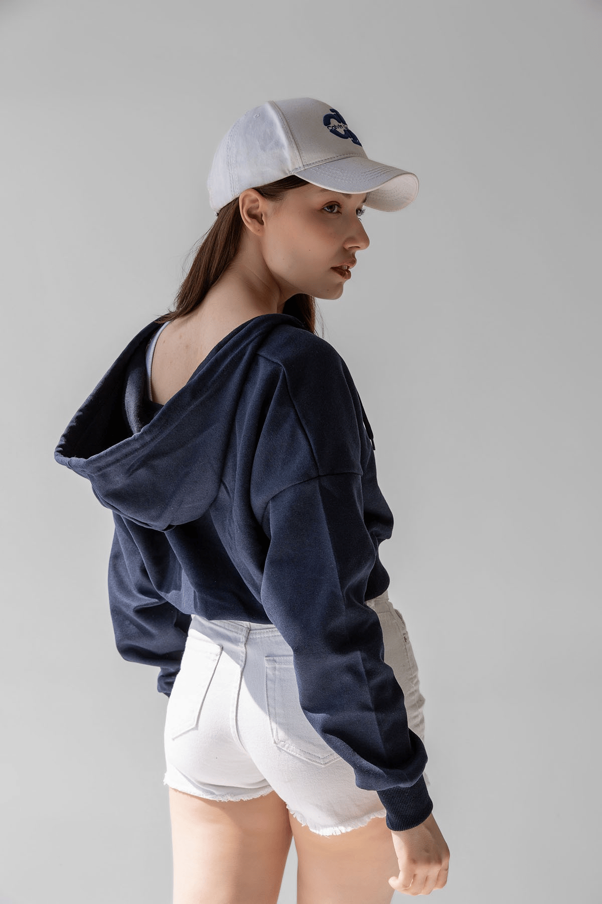 BJ Raze Yüksek Kalite Kadın Kapüşonlu V Yaka Crop Kalın İçi Polarlı Örme Sweatshirt Lacivert