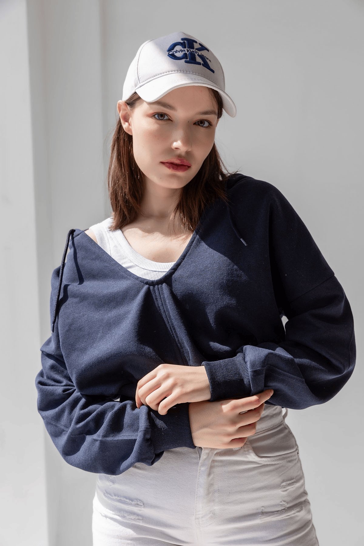 BJ Raze Yüksek Kalite Kadın Kapüşonlu V Yaka Crop Kalın İçi Polarlı Örme Sweatshirt Lacivert