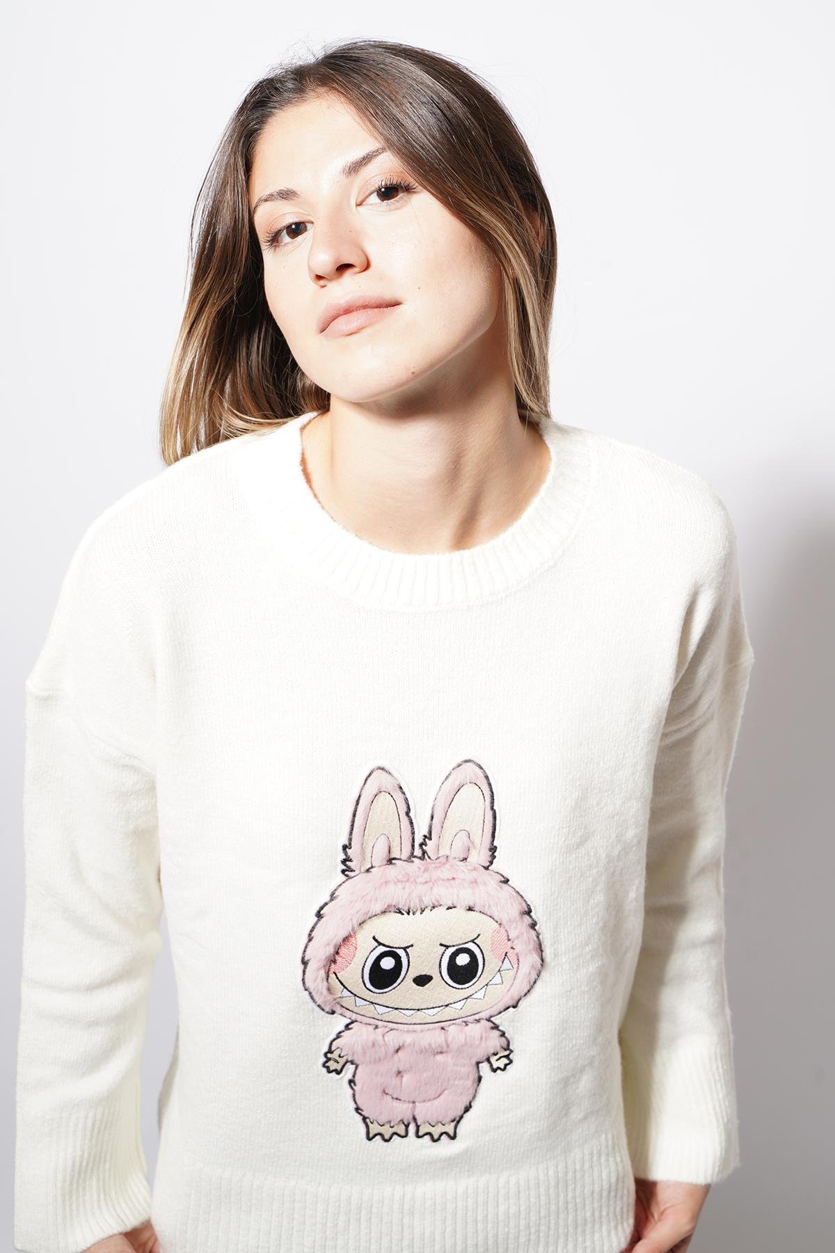 Bunny Labubu Detaylı Triko Kazak Beyaz
