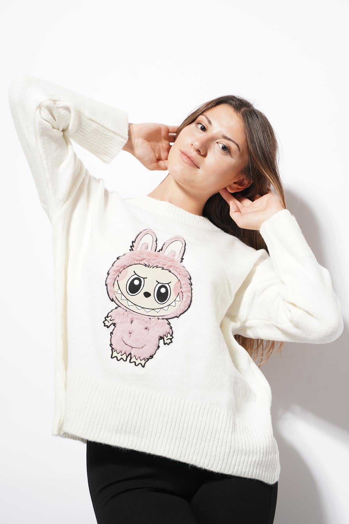 Bunny Labubu Detaylı Triko Kazak Beyaz