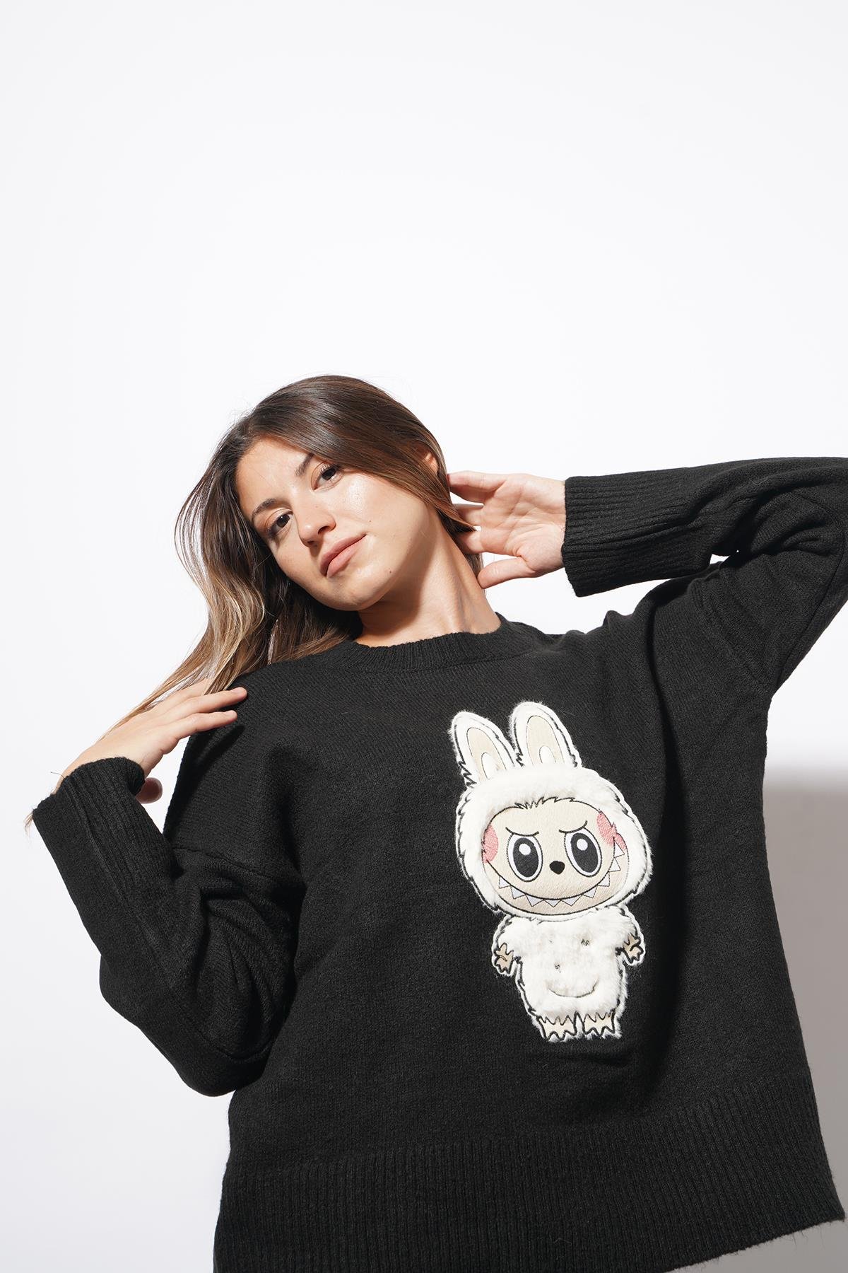Bunny Labubu Detaylı Triko Kazak Siyah