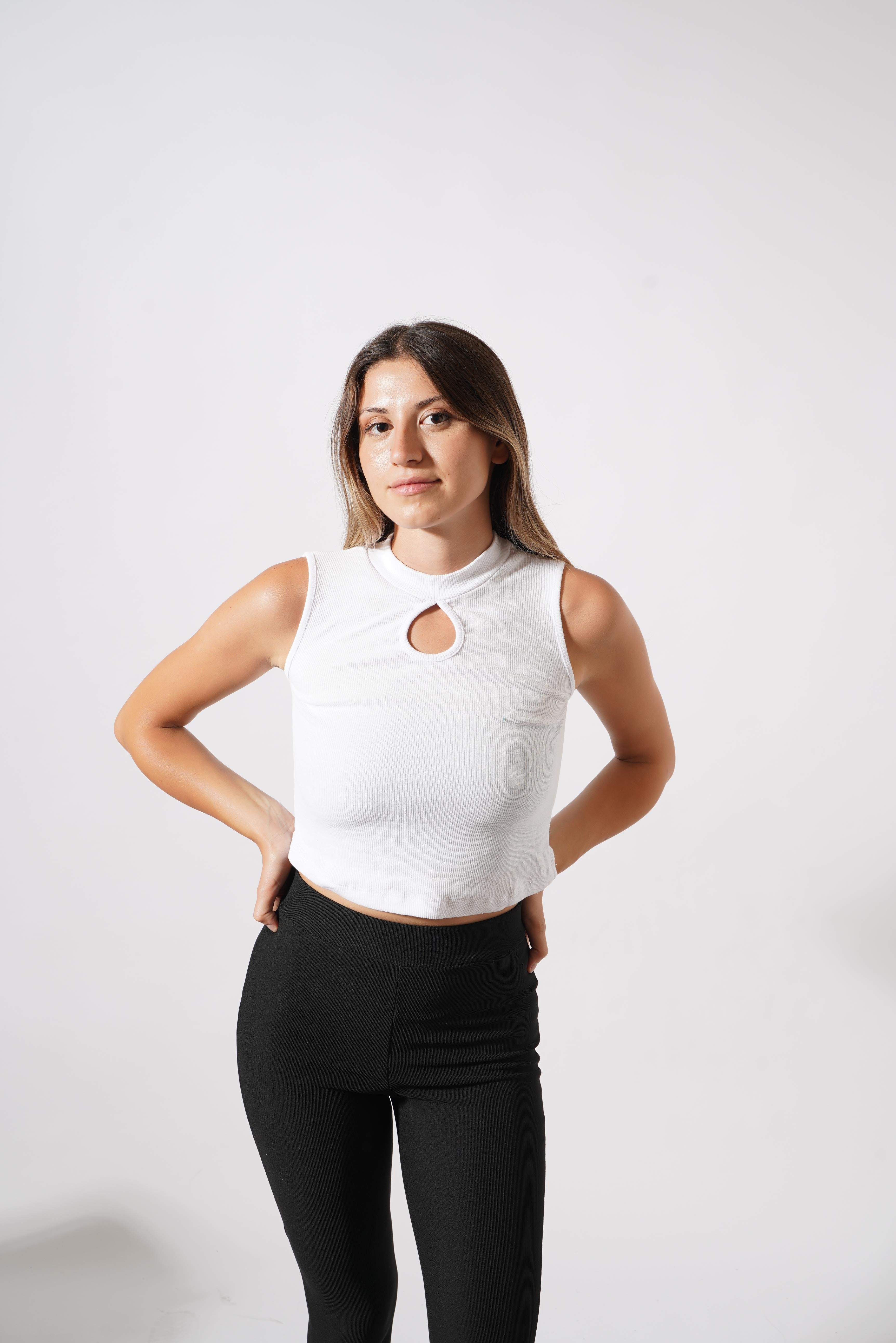 Chester Yüksek Kalite Kadın Yaka Detaylı Fitilli Crop Örme Bluz  Beyaz