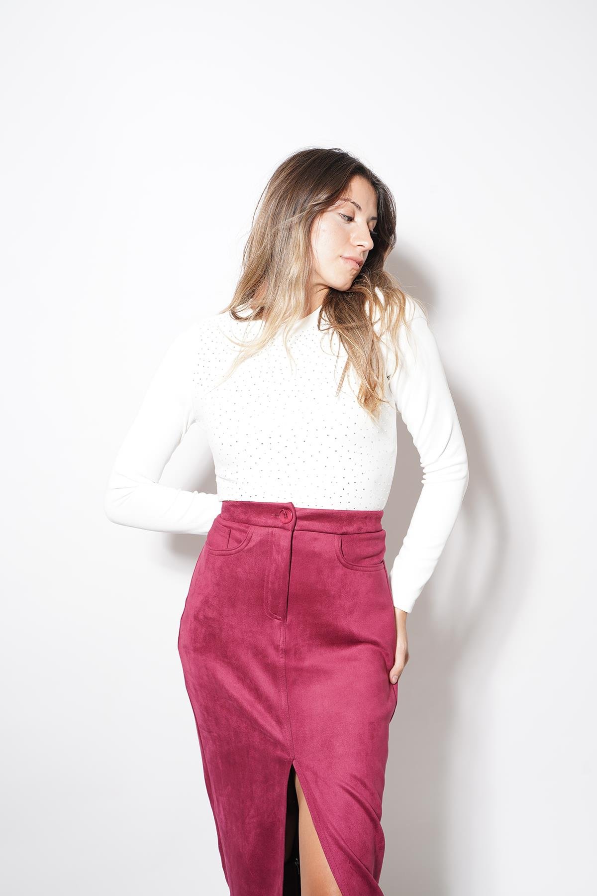 Cotton Taşlı Uzun Kollu Bluz Beyaz