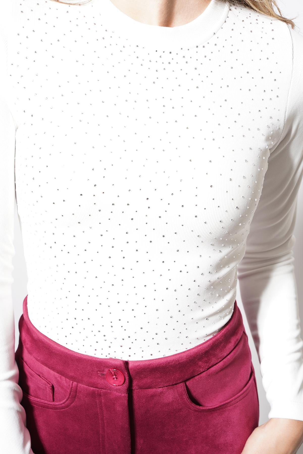 Cotton Taşlı Uzun Kollu Bluz Beyaz