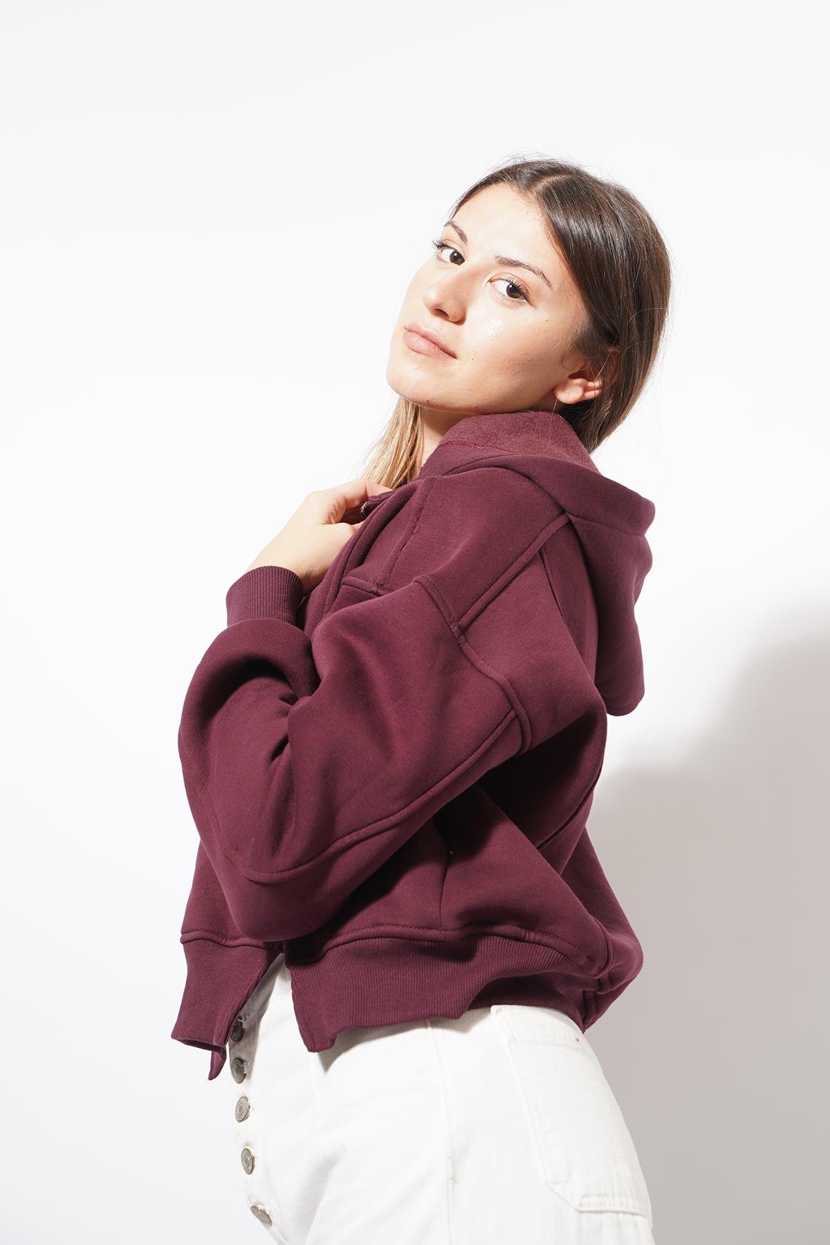 Darli Fermuarlı Kapşonlu Sweat Bordo