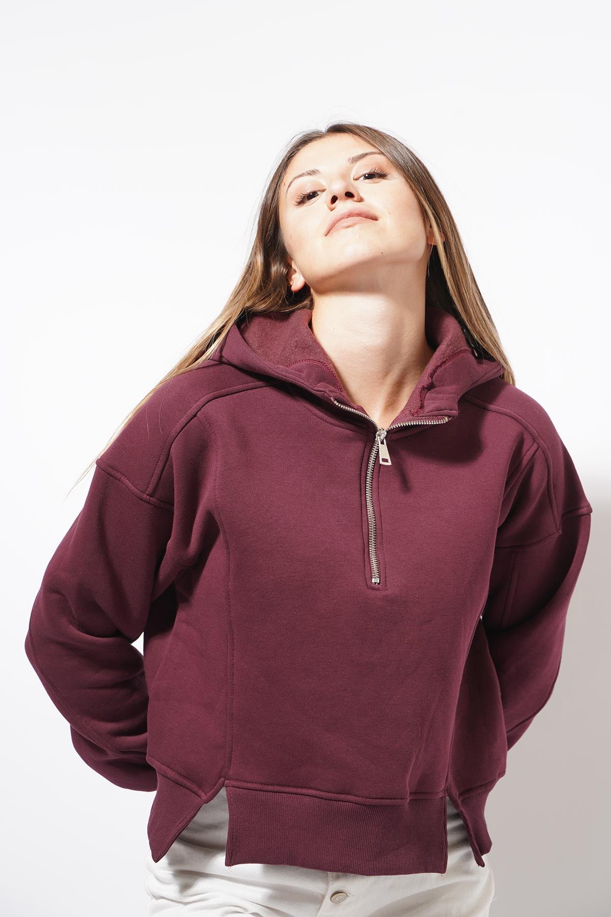 Darli Fermuarlı Kapşonlu Sweat Bordo