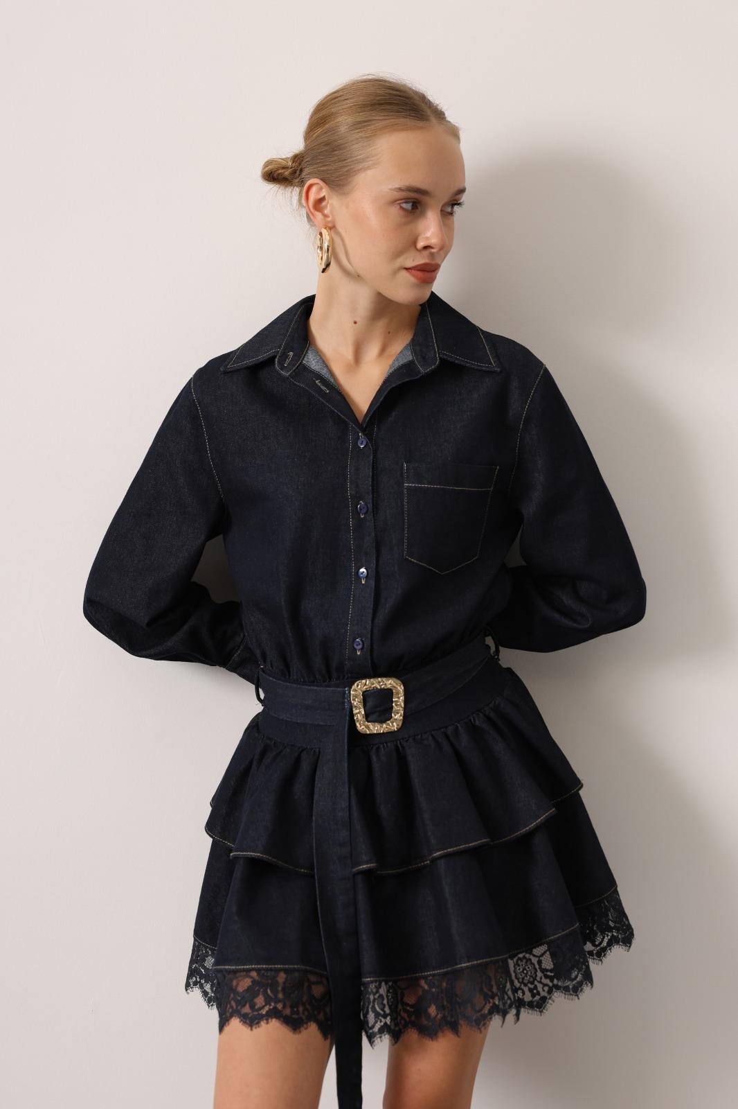 Denora Dantel Detaylı Kat Kat Denim Mini Elbise Lacivert