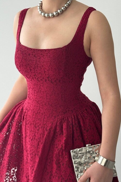 Dinge Desenli Mini Elbise Bordo