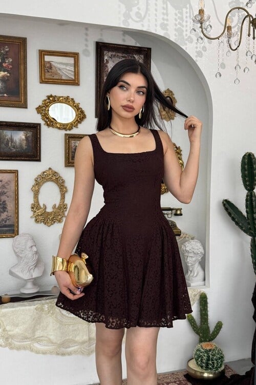 Dinge Desenli Mini Elbise Kahve
