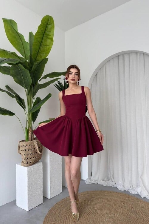 Dresna Fiyonk Detaylı Elbise Bordo