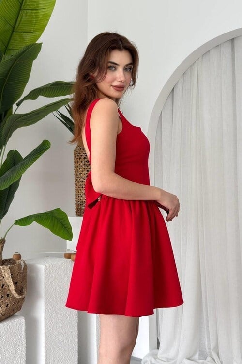 Dresna Fiyonk Detaylı Elbise Kırmızı