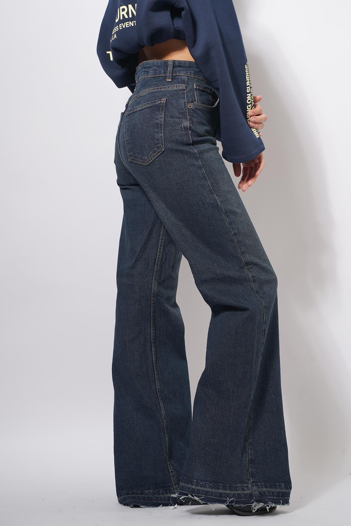 Durme Püskül Paça Wideleg Pantolon Kot Mavi