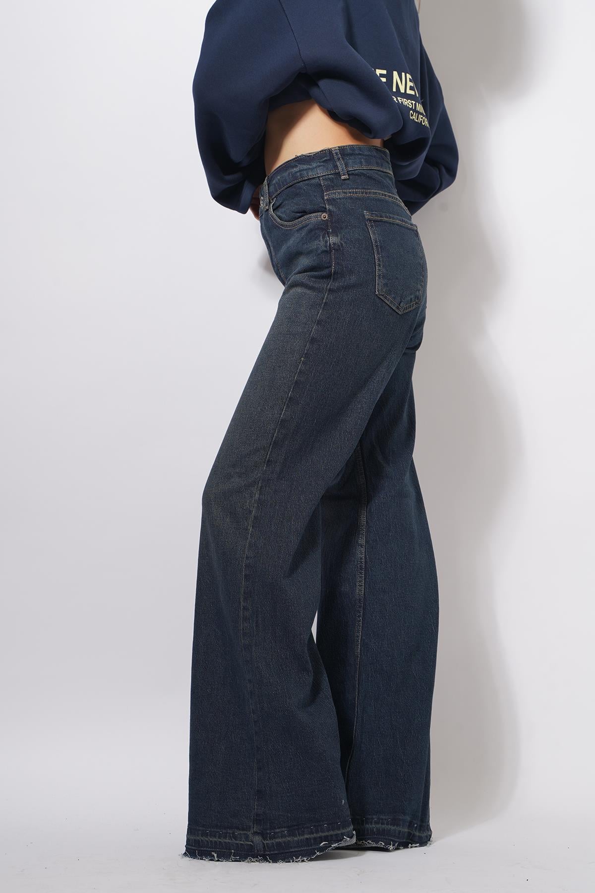 Durme Püskül Paça Wideleg Pantolon Kot Mavi