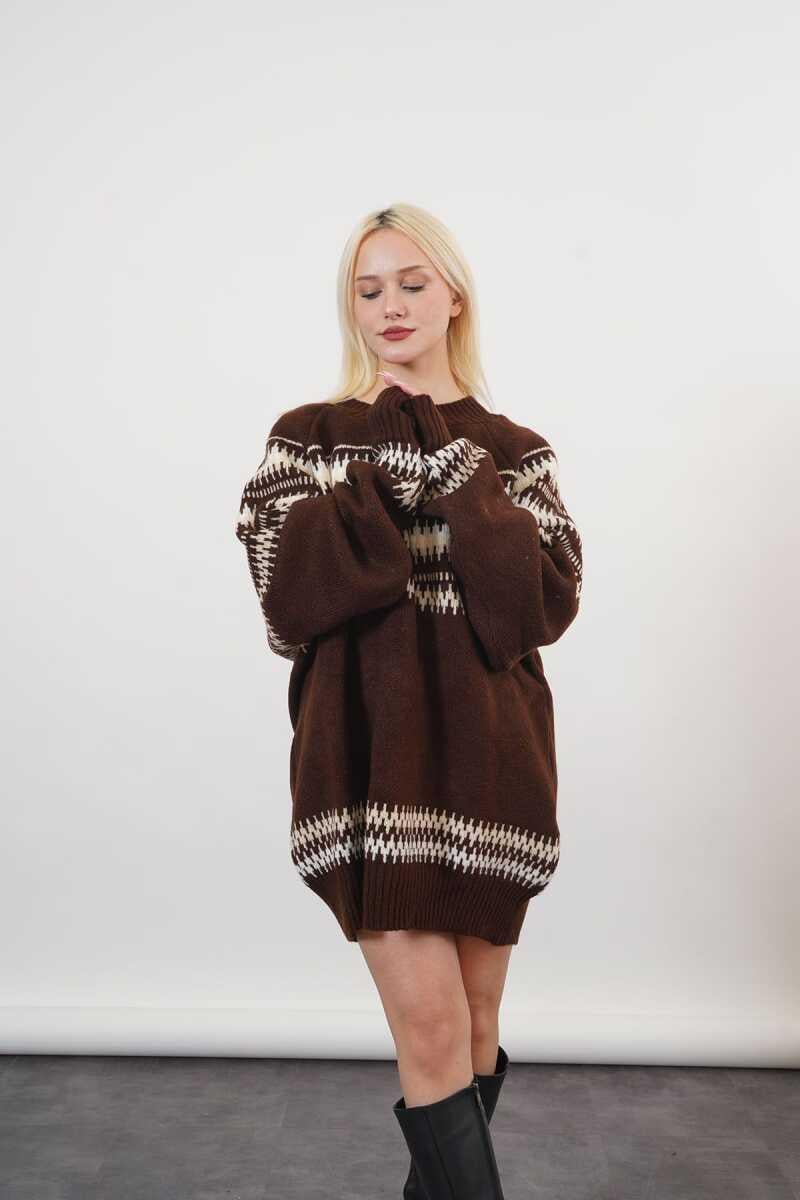 Elaine Yüksek Kalite Kadın Nakışlı Oversize Kazak Kahve