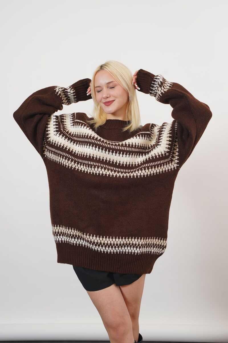 Elaine Yüksek Kalite Kadın Nakışlı Oversize Kazak Kahve