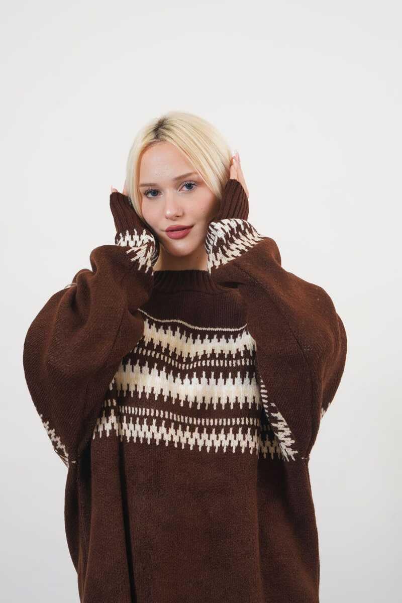 Elaine Yüksek Kalite Kadın Nakışlı Oversize Kazak Kahve