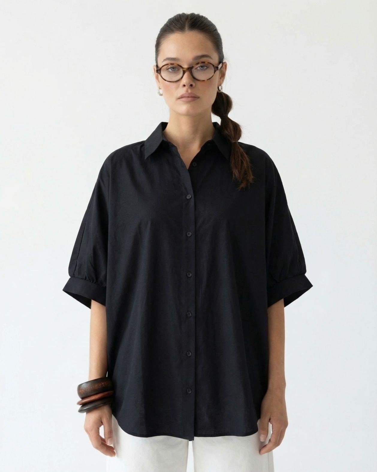 Elisri Sırt Dekolteli Oversize Gömlek Siyah
