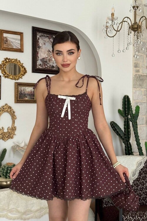 Entra Broş Detaylı Elbise Kahve