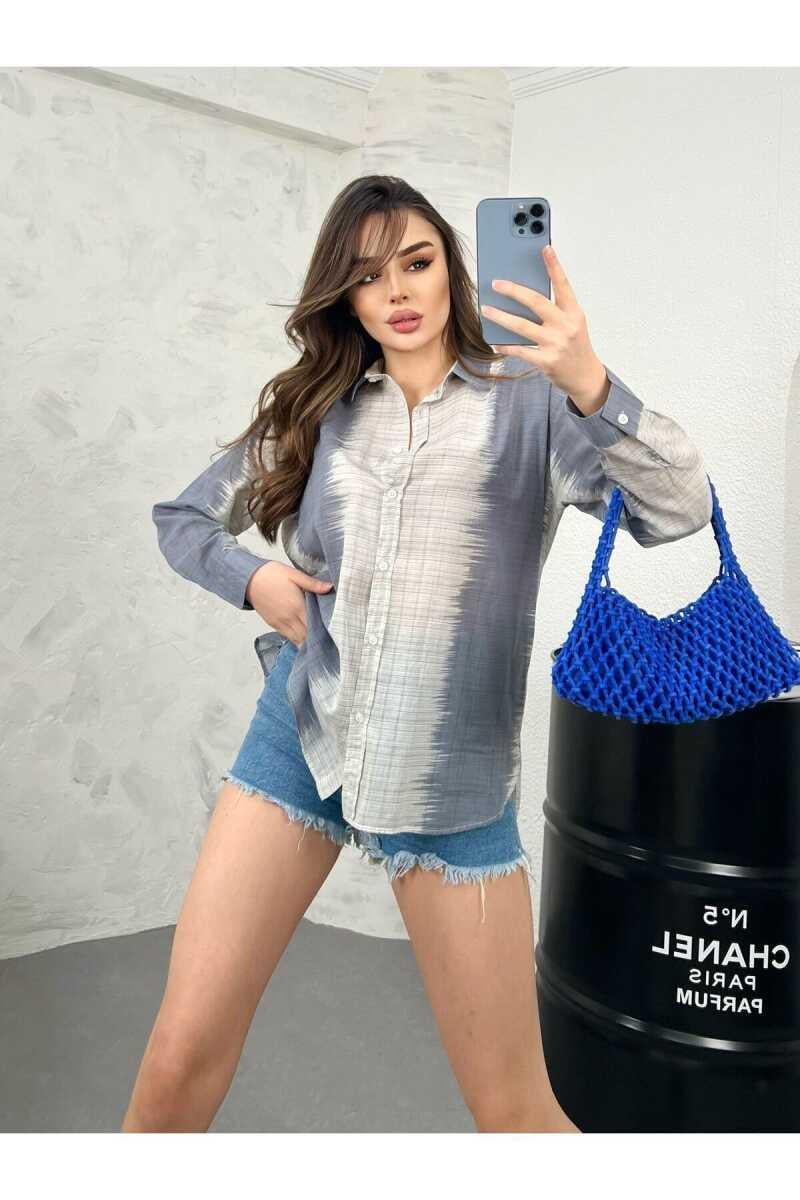 Evans Yüksek Kalite Kadın Keten Oversize Gömlek Mavi Beyaz