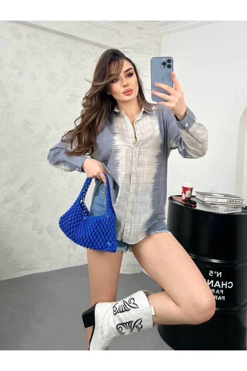 Evans Yüksek Kalite Kadın Keten Oversize Gömlek Mavi Beyaz
