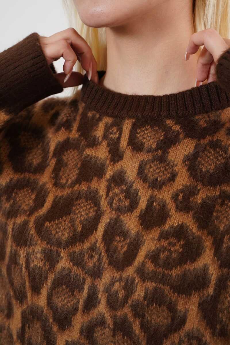 Grace Yüksek Kalite Kadın Leopar Desenli Sakallı Triko Kazak  Leopar