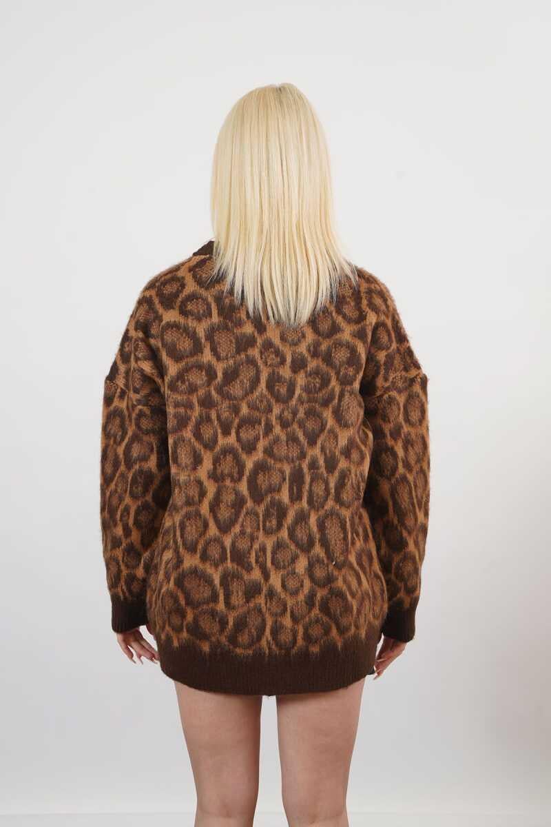 Grace Yüksek Kalite Kadın Leopar Desenli Sakallı Triko Kazak  Leopar