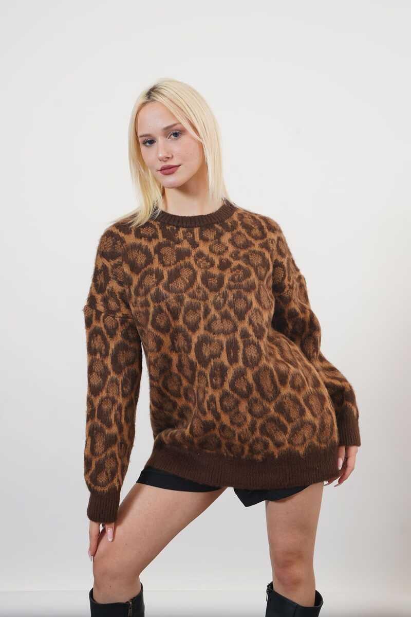 Grace Yüksek Kalite Kadın Leopar Desenli Sakallı Triko Kazak  Leopar