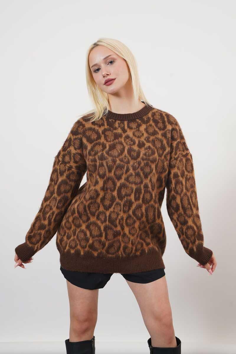 Grace Yüksek Kalite Kadın Leopar Desenli Sakallı Triko Kazak  Leopar
