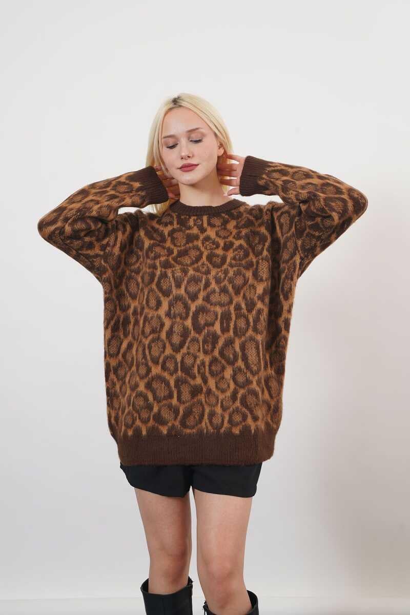 Grace Yüksek Kalite Kadın Leopar Desenli Sakallı Triko Kazak  Leopar