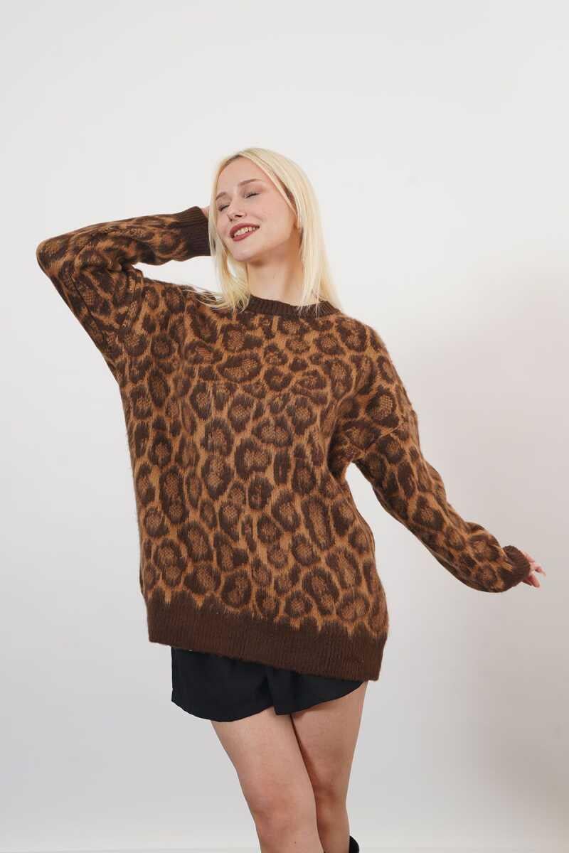 Grace Yüksek Kalite Kadın Leopar Desenli Sakallı Triko Kazak  Leopar