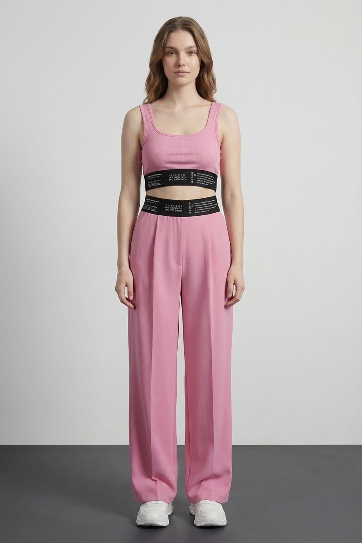 İcen Lastik Detaylı Crop Top Atlet  Pembe