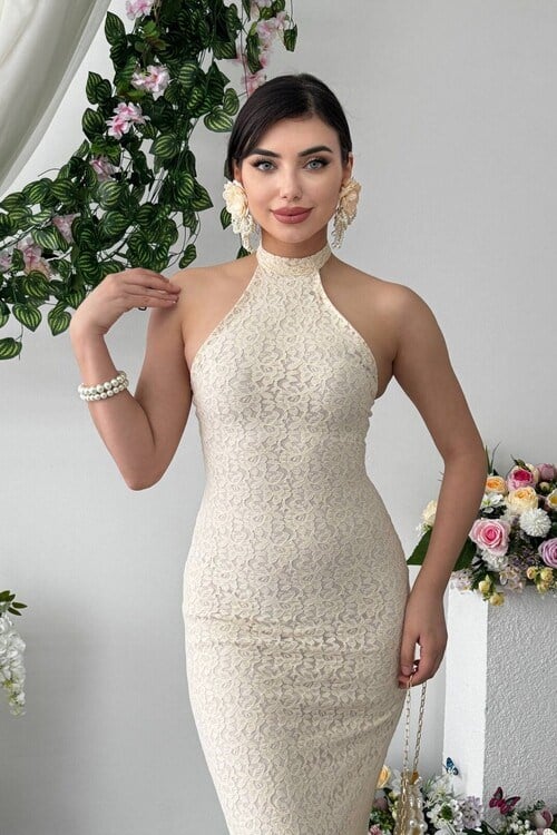 Jenel Boyun Bağlamalı Midi Elbise Bej