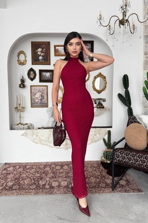 Jenel Boyun Bağlamalı Midi Elbise Bordo