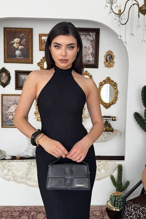 Jenel Boyun Bağlamalı Midi Elbise Siyah