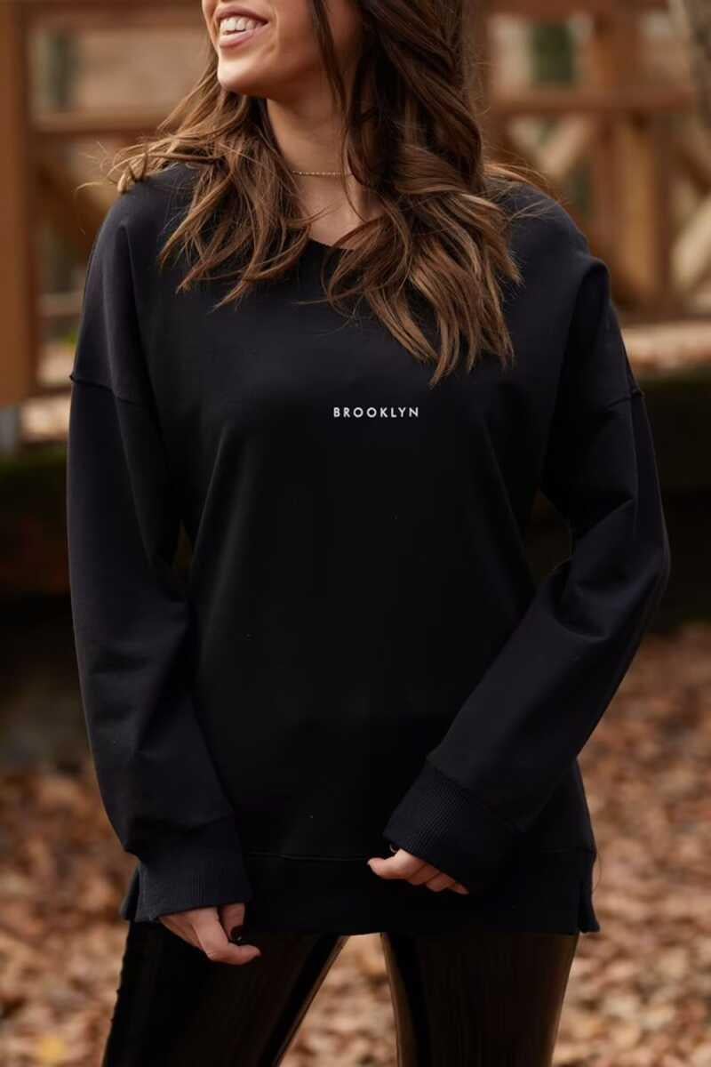 Kendrick Yüksek Kalite Kadın Siyah Brooklyn Baskılı Sweatshirt Siyah