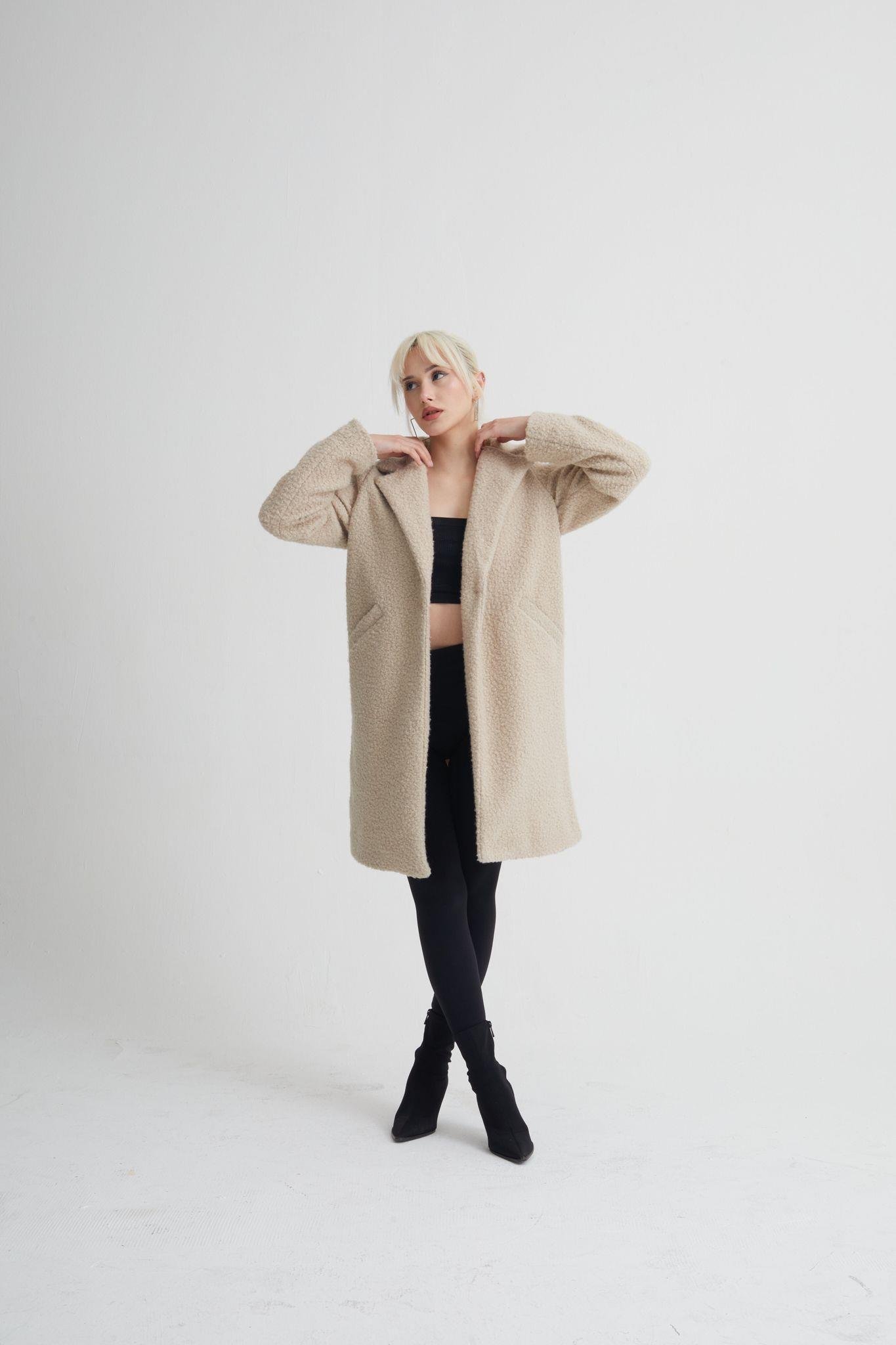 Lenora Yüksek Kalite Kadın Oversize Kaşe Kaban  Ekru