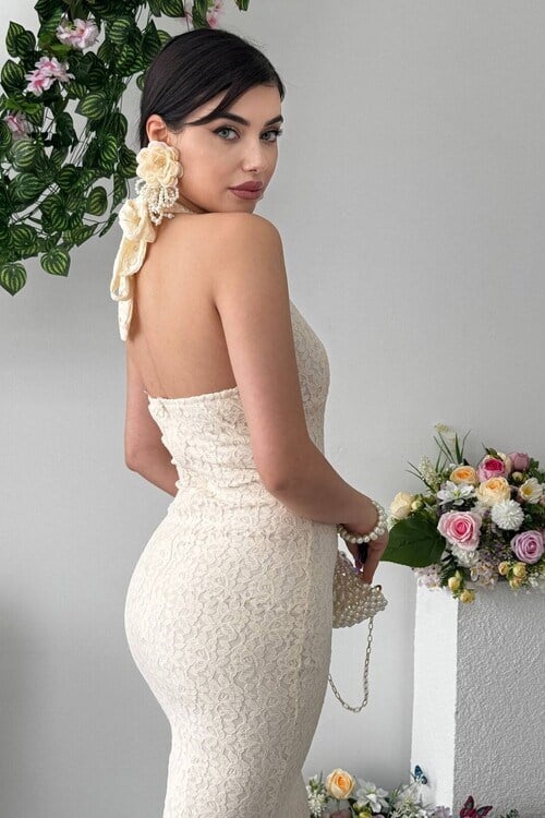 Lens Dantelli Midi Elbise Bej
